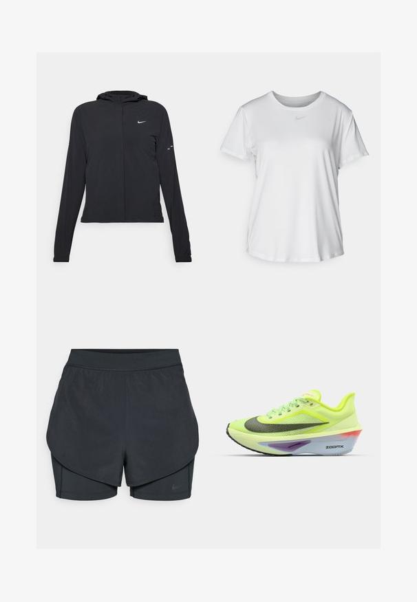 Fekete kapucnis dzseki hosszú ujjakkal, könnyű anyagból készült. Elülső cipzárral, Nike logóval és diszkrét dizájn elemekkel rendelkezik.; Fehér, rövid ujjú póló sima anyagból, kerek nyakkivágással és egy kis szürke Nike logóval a mellkason.; Fekete sportnadrág réteges kialakítással, sima külső résszel és illeszkedő belső nadrággal. Könnyű, rugalmas anyagból készült.; Zöld és sárga futócipő, hálós felső résszel, lekerekített orral, fekete és ezüst díszítéssel, valamint színes habtalppal, amelyen "ZOOMX" felirat található.