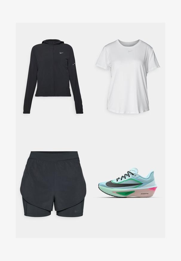 Črna kapuča s dolgimi rokavi, izdelana iz lahkega materiala. Ima sprednji zadrgo, logotip Nike in subtilne oblikovne detajle.; Bela kratka majica s kratkimi rokavi, izdelana iz gladkega blaga, z okroglim izrezom in majhnim sivim logotipom Nike na prsih.; Črne atletske kratke hlače z večplastnim dizajnom, ki vključuje gladko zunanjo plast in prilegnjene notranje kratke hlače. Narejene so iz lahkega, elastičnega materiala.; Svetlo modra tekaška čevlja z teksturirano črno mrežico na zgornjem delu, zelenimi akcenti, srednjim delom v rožnati barvi in gumo na podplatu. Ima vezalke in blagovno znamko.