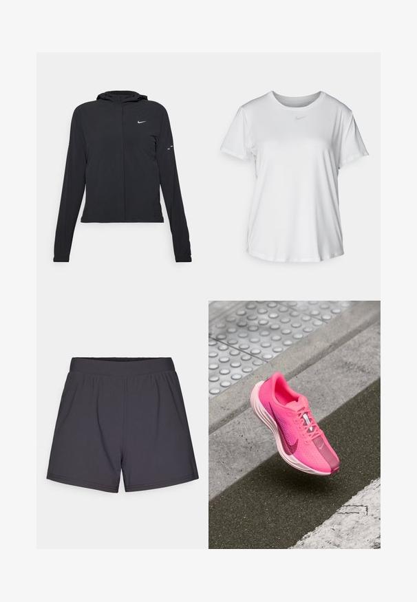 Črna kapuča s dolgimi rokavi, izdelana iz lahkega materiala. Ima sprednji zadrgo, logotip Nike in subtilne oblikovne detajle.; Bela kratka majica s kratkimi rokavi, izdelana iz gladkega blaga, z okroglim izrezom in majhnim sivim logotipom Nike na prsih.; Črne športne kratke hlače iz lahkega, elastičnega materiala. Imajo elastičen pas in preprost, brez okrasja oblikovanje.; Nike atletska obuća v svetlo rožnati barvi z mrežastim zgornjim delom, podloženim ovratnikom, belim srednjim delom in kontrastnim temnejšim rožnatim zaščitnikom na prstih ter detajlom swoosh.