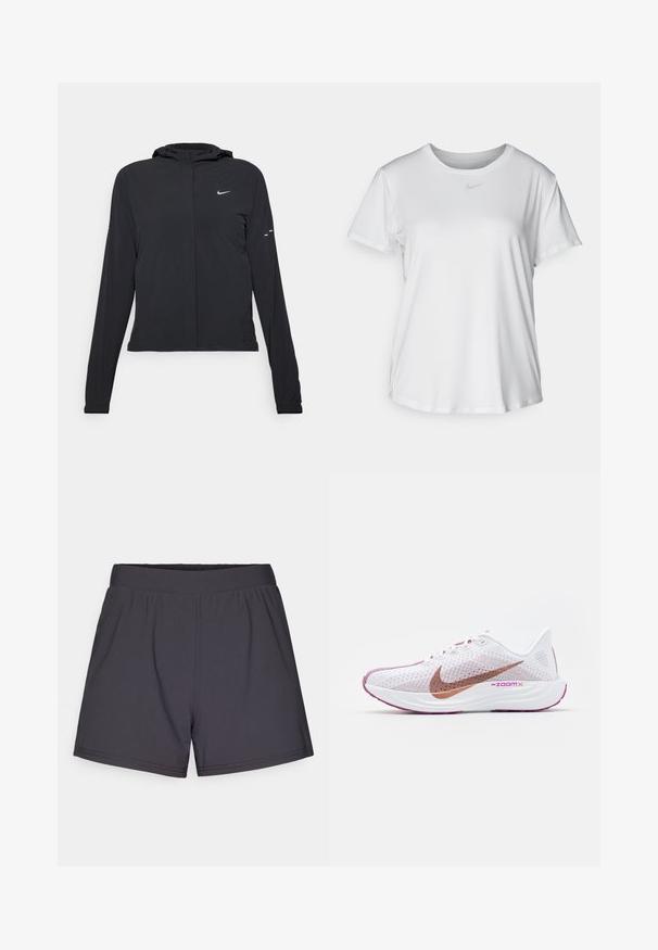 Fekete kapucnis dzseki hosszú ujjakkal, könnyű anyagból készült. Elülső cipzárral, Nike logóval és diszkrét dizájn elemekkel rendelkezik.; Fehér, rövid ujjú póló sima anyagból, kerek nyakkivágással és egy kis szürke Nike logóval a mellkason.; Fekete sportos rövidnadrág könnyű, rugalmas anyagból. Rugalmas derékkal és egyszerű, díszítés nélküli dizájnnal rendelkezik.; Nike Performance PEGASUS PLUS - Utcai futócipők - white/metallic red bronze/platinum violet/plum dust/hot fuchsia