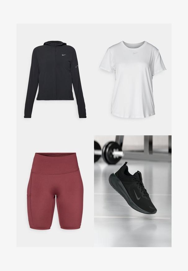 Černá kapucňová bunda s dlouhými rukávy, vyrobená z lehkého materiálu. Obsahuje přední zip, logo Nike a decentní designové akcenty.; Bílý krátký rukáv tričko z hladké tkaniny, s kulatým výstřihem a malým šedým logem Nike na hrudi.; Burgundské šortky s vysokým pasem vyrobené z hladkého, elastického materiálu. Mají boční kapsu a přiléhavý střih, vhodné pro aktivní nošení.; Černé sportovní tenisky s logem Nike, zobrazené ve vzduchu na podlaze tělocvičny, s rozostřeným regálem s činkami na pozadí.