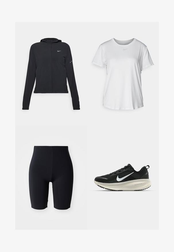 Chaqueta negra con capucha y mangas largas, hecha de un material ligero. Presenta un cierre frontal, un logo de Nike y acentos de diseño sutiles.; Camiseta blanca de manga corta hecha de tejido suave, con un escote redondo y un pequeño logo de Nike gris en el pecho.; Pantalones cortos ajustados negros hechos de un material suave y elástico. Presentan una cintura alta y un diseño elegante y minimalista sin cierres visibles.; Zapatilla de running Nike negra con parte superior de malla transpirable, logo Swoosh blanco, detalles texturizados y una entresuela ZoomX de color crema.