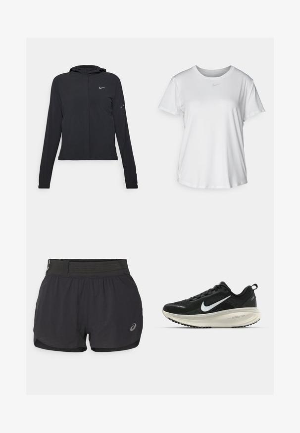 Must musta kapuutsiga jakk, millel on pikad varrukad ja mis on valmistatud kergetest materjalidest. Omab esitaskut, Nike logo ja kergelt silmatorkavaid disainiaktsente.; Valge lühikeste varrukatega T-särk, mis on valmistatud siledast kangast, ümarate kaelustega ning mille rinnal on väike hall Nike logo.; Mustaed mustujooks varrukadeta, millel on sile tekstuur, lühike pikkus ja väike logo alumises paremas nurgas.; Musthave mustus Nike jooksujalats, millel on hingav võrgust ülemine osa, valge swoosh logo, tekstuuriga detailid ja kreemja värvusega ZoomX vahevöö.