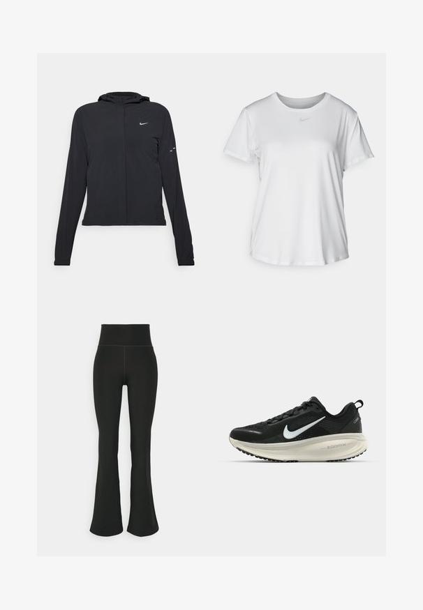 Melnā kapuci jaka ar garām piedurknēm, izgatavota no viegla materiāla. Tam ir priekšējais rāvējslēdzis, Nike logo un smalki dizaina akcenti.; Balta īsām piedurknēm T-kreklā, kas izgatavota no gludas auduma, ar apaļo kakla izgriezumu un mazu pelēku Nike logo uz krūšu.; Melnas flared legingi ar augstu jostu, izgatavoti no elastīga materiāla. Gluda tekstūra ar minimālām šuvju detaļām.; Melnas Nike skriešanas kurpes ar elpojošu acs augšdaļu, baltu Swoosh logotipu, strukturētu apdari un krēmkrāsas ZoomX starpsole.