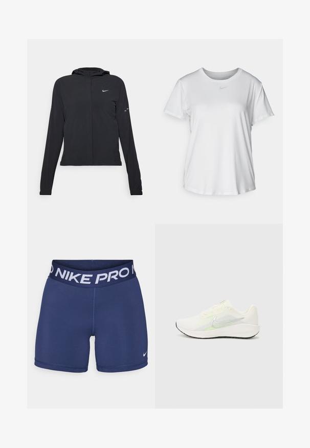 Schwarze Kapuzenjacke mit langen Ärmeln, aus leichtem Material gefertigt. Sie hat einen vorderen Reißverschluss, ein Nike-Logo und dezente Designelemente.; Weißes T-Shirt mit kurzen Ärmeln aus glattem Stoff, Rundhalsausschnitt und einem kleinen grauen Nike-Logo auf der Brust.; Marineblaue Nike Pro Shorts mit breitem Bund, der mit weißem "NIKE PRO" Text und einem kleinen weißen Logo auf der unteren rechten Seite versehen ist. Glatte Stofftextur.; Nike Performance DOWNSHIFTER 13 - Laufschuh Straße - sail/silver-coloured photon dust/summit white/barely volt/black
