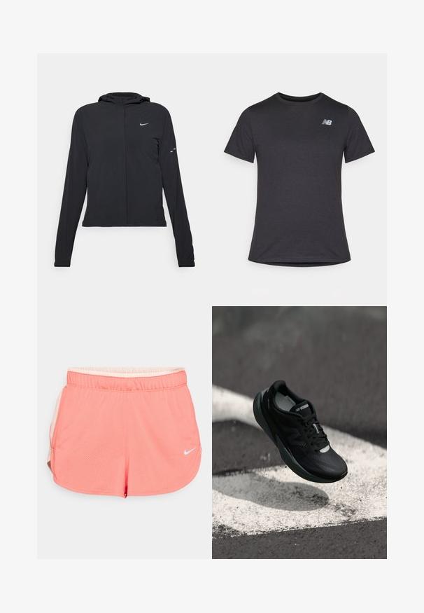 Czarna kurtka z kapturem, z długimi rękawami, wykonana z lekkiego materiału. Posiada zamek błyskawiczny z przodu, logo Nike oraz subtelne akcenty wzornicze.; Czarny t-shirt z krótki rękawem, wykonany z miękkiej tkaniny, z małym szarym logo New Balance na górnej lewej części klatki piersiowej, klasyczny krój z okrągłym dekoltem.; Różowe szorty sportowe wykonane z siatkowego materiału, z elastycznym pasem, z białym logo i bocznymi rozcięciami dla lepszej swobody ruchów.; Czarne buty do biegania z teksturowaną cholewką, smukłym designem i odblaskowymi akcentami. Posiadają miękką, amortyzującą podeszwę dla komfortu.