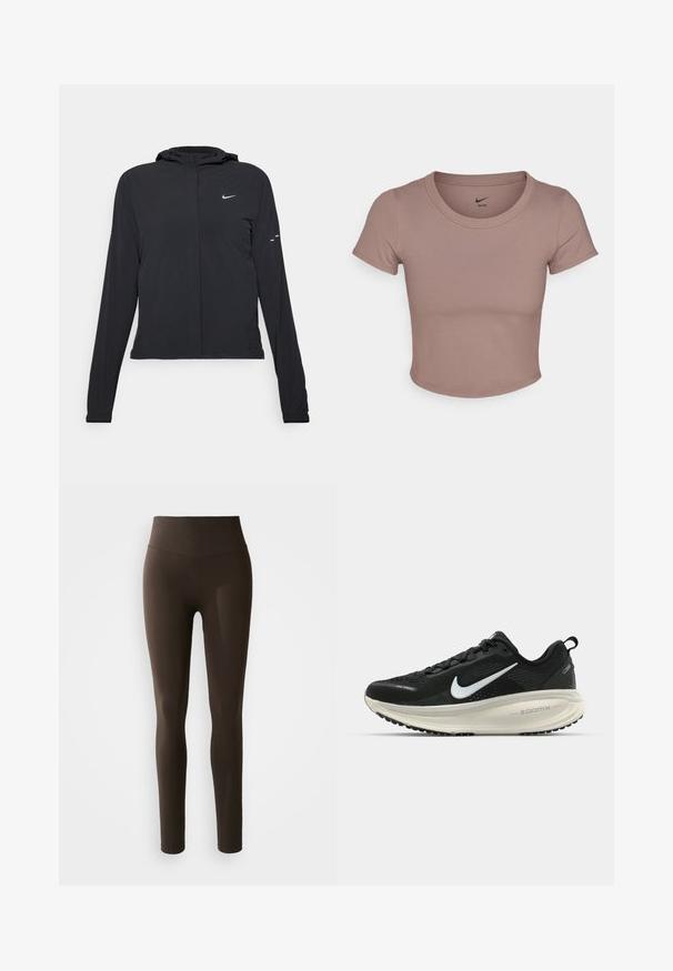 Juodas gobtuvas striukė su ilgomis rankovėmis, pagaminta iš lengvo audinio. Pasižymi priekiniais užtrauktukais, Nike logotipu ir subtiliais dizaino akcentais.; Ruda trumpa marškinėliai, pagaminti iš lygaus audinio, su apvali kaklo linija ir trumpomis rankovėmis. Nike logotipas atspausdintas ant apykaklės vidinės pusės.; Rudos legginsai, pagaminti iš elastingos medžiagos su aukštu juosmeniu. Pasižymi sklandžia tekstūra ir priglundančiu dizainu. Nematyti jokios raštų.; Juodas Nike sportinis batelis su kvėpuojančiu tinklu, baltu swoosh logotipu, tekstūruoto dizaino detalėmis ir grietinėlės spalvos ZoomX viduriu.