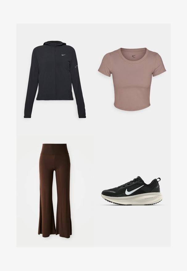 Juodas gobtuvas striukė su ilgomis rankovėmis, pagaminta iš lengvo audinio. Pasižymi priekiniais užtrauktukais, Nike logotipu ir subtiliais dizaino akcentais.; Ruda trumpa marškinėliai, pagaminti iš lygaus audinio, su apvali kaklo linija ir trumpomis rankovėmis. Nike logotipas atspausdintas ant apykaklės vidinės pusės.; Aukštai iškilę, plačių kojų rudi kelnės su lygia tekstūra, sukurtos patogiam ir laisvam nešiojimui.; Juodas Nike sportinis batelis su kvėpuojančiu tinklu, baltu swoosh logotipu, tekstūruoto dizaino detalėmis ir grietinėlės spalvos ZoomX viduriu.