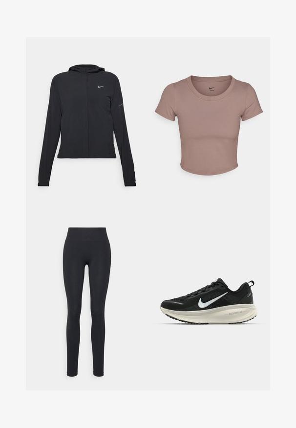 Veste à capuche noire avec des manches longues, fabriquée en matériau léger. Elle comporte une fermeture éclair à l'avant, un logo Nike et des accents de design subtils.; T-shirt cropped marron en tissu lisse, avec un col rond et des manches courtes. Logo Nike imprimé à l'intérieur du col.; Leggings noirs avec une taille haute, présentant une texture lisse et un design ajusté. Aucune motif visible ni détail métallique.; Baskets de course noir Nike avec tige respirante en mesh, logo swoosh blanc, détails texturés et semelle intermédiaire ZoomX de couleur crème.