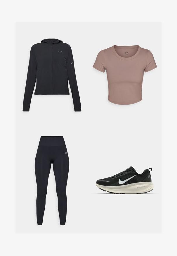 Black hooded jacket with long sleeves, made from lightweight material. Features a front zipper, a Nike logo, and subtle design accents.; Brown cropped t-shirt made of smooth fabric, featuring a round neckline and short sleeves. Nike logo printed inside collar.; High-waisted black leggings with a smooth, stretchy fabric. Features a logo on the upper leg and textured accents on the sides.; Black Nike running shoe with breathable mesh upper, white swoosh logo, textured detailing, and a cream-colored ZoomX midsole.
