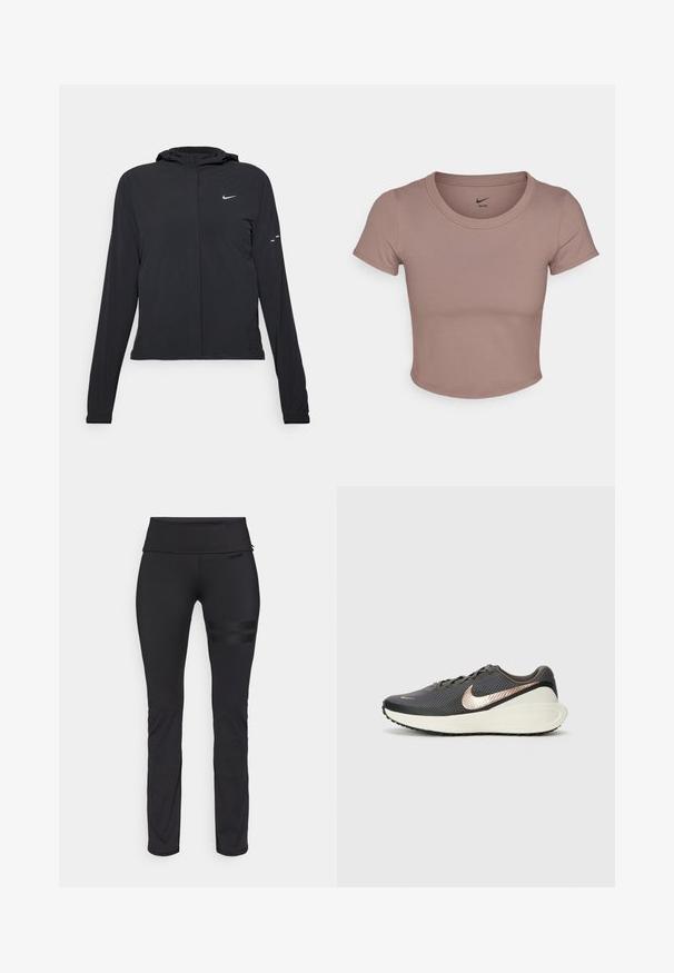 Črna kapuča s dolgimi rokavi, izdelana iz lahkega materiala. Ima sprednji zadrgo, logotip Nike in subtilne oblikovne detajle.; Rjava skrajšana majica s kratkimi rokavi, izdelana iz gladkega materiala, z okroglim izrezom. Logotip Nike je natisnjen znotraj ovratnika.; Črne športne legice s širokim pasom, narejene iz raztegljivega materiala, s tremi vodoravnimi črtami na levem stegnu.; Črne atletske čevlje z mrežastim zgornjim delom z teksturo, metalno roza zankom in belo oblazinjeno podplatom. Gumiran podplat z vzorcem za oprijem.