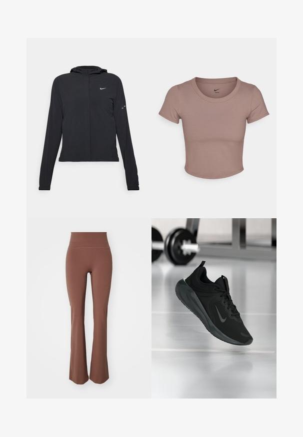 Chaqueta negra con capucha y mangas largas, hecha de un material ligero. Presenta un cierre frontal, un logo de Nike y acentos de diseño sutiles.; Camiseta corta marrón hecha de una tela suave, con escote redondo y mangas cortas. Logo de Nike impreso en el interior del cuello.; Leggings marrones acampanados fabricados en material elástico, con una cintura alta y una textura suave, diseñados para la comodidad y la flexibilidad.; Zapatilla deportiva negra con el logo de Nike, mostrada en el aire sobre el suelo del gimnasio, con un soporte de mancuernas desenfocado en el fondo.