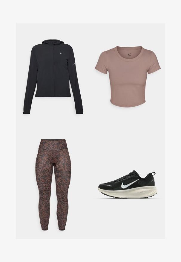 Sort hættetrøje med lange ærmer, lavet af letvægtsmateriale. Har en frontlynlås, et Nike-logo og subtile designaccenter.; Brun cropped t-shirt lavet af glat stof, med rund halsudskæring og korte ærmer. Nike-logo trykt inde i kraven.; Højtaljede leggings i et brunt og sort leopardmønster, lavet af strækbart materiale, med en glat overflade og tætsiddende design.; Sort Nike løbesko med åndbart mesh-overdel, hvidt swoosh-logo, tekstureret detaljering og en cremede ZoomX mellemsål.