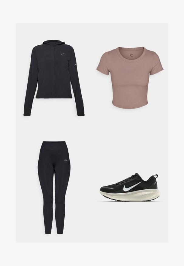 Schwarze Kapuzenjacke mit langen Ärmeln, aus leichtem Material gefertigt. Sie hat einen vorderen Reißverschluss, ein Nike-Logo und dezente Designelemente.; Braunes, tailliertes T-Shirt aus glattem Stoff mit Rundhalsausschnitt und kurzen Ärmeln. Nike-Logo im Kragen bedruckt.; Schwarze Leggings mit einem hohen Bund, aus einem glatten, dehnbaren Stoff hergestellt. Mit einem kleinen Logodetail in der Nähe des Bundes.; Schwarzer Nike-Laufschuh mit atmungsaktivem Mesh-Obermaterial, weißem Swoosh-Logo, strukturierten Details und einer cremefarbenen ZoomX-Zwischensohle.