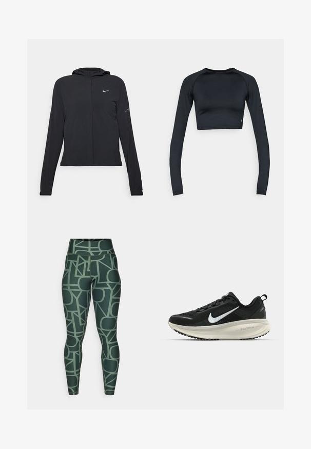 Giacca nera con cappuccio e maniche lunghe, realizzata in materiale leggero. Presenta una zip frontale, il logo Nike e accenti di design sottili.; Top corto nero a maniche lunghe realizzato in tessuto liscio ed elastico. Presenta uno scollo rotondo e un design aderente, con dettagli sottili sull'orlo.; Leggings verdi a vita alta con un motivo geometrico in toni tenui. Realizzati in un tessuto elastico e liscio con una silhouette aderente.; Scarpa da corsa nera Nike con tomaia in rete traspirante, logo Swoosh bianco, dettagli testurizzati e intersuola ZoomX di colore crema.
