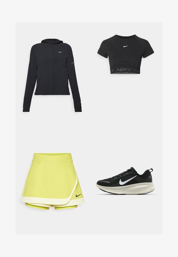 Black hooded jacket with long sleeves, made from lightweight material. Features a front zipper, a Nike logo, and subtle design accents.; Black cropped sports top with short sleeves, featuring a white Nike logo and a textured band with "NIKE" in a pattern at the hem.; Lime green tennis skirt with attached shorts; features a layered design, black Nike logo, and white trim on the hem.; Black Nike running shoe with breathable mesh upper, white swoosh logo, textured detailing, and a cream-colored ZoomX midsole.