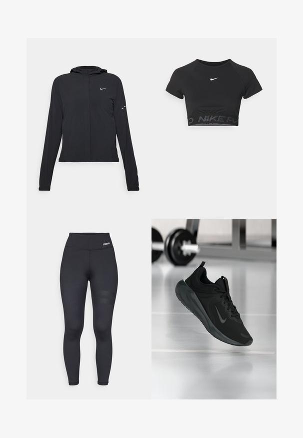 Black hooded jacket with long sleeves, made from lightweight material. Features a front zipper, a Nike logo, and subtle design accents.; Black cropped sports top with short sleeves, featuring a white Nike logo and a textured band with "NIKE" in a pattern at the hem.; Black high-waisted leggings with a smooth texture, featuring a branded waistband and two horizontal stripes on the thigh for detail.; Black sports sneaker with Nike logo, shown mid-air on gym floor, with blurred dumbbell rack in background.