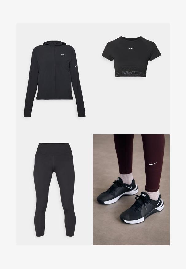 Mustassa hupparissa on pitkät hihat, ja se on valmistettu kevyestä materiaalista. Siinä on edessä vetoketju, Nike-logo ja hillityt muotoiluyksityiskohdat.; Musta lyhythihainen urheilu-toppi, jossa on valkoinen Nike-logo ja teksturoitu vyötärönauha, jossa on kuvioitu "NIKE"-teksti helman kohdalla.; Mustat leggingsit, joissa on korkea vyötärö, valmistettu sileästä ja joustavasta materiaalista. Sisältää litteät saumat ja istuvan muotoilun.; Mustat urheilukengät, joissa on teksturoitu päällinen ja valkoiset yksityiskohdat, varustettuna nauhoilla ja sivulogolla. Yhdistettynä viininpunaisiin legginsseihin ja vaaleisiin sukkiin.