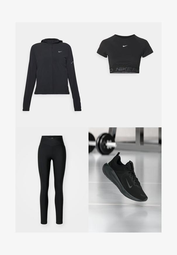 Svart huva jacka med långa ärmar, gjord av lätt material. Har en framdragare, en Nike-logotyp och subtila designelement.; Svart kortärmad sporttop med croppad passform, som har en vit Nike-logga och ett strukturerat band med "NIKE" i ett mönster vid nederkanten.; Svarta leggings tillverkade av stretchigt tyg, med en hög, korsad midja och åtsittande design. Slät textur utan synliga mönster eller detaljer.; Svarta sportskor med Nike-logotyp, visade mitt i luften på gymgolvet, med en suddig hantelställning i bakgrunden.