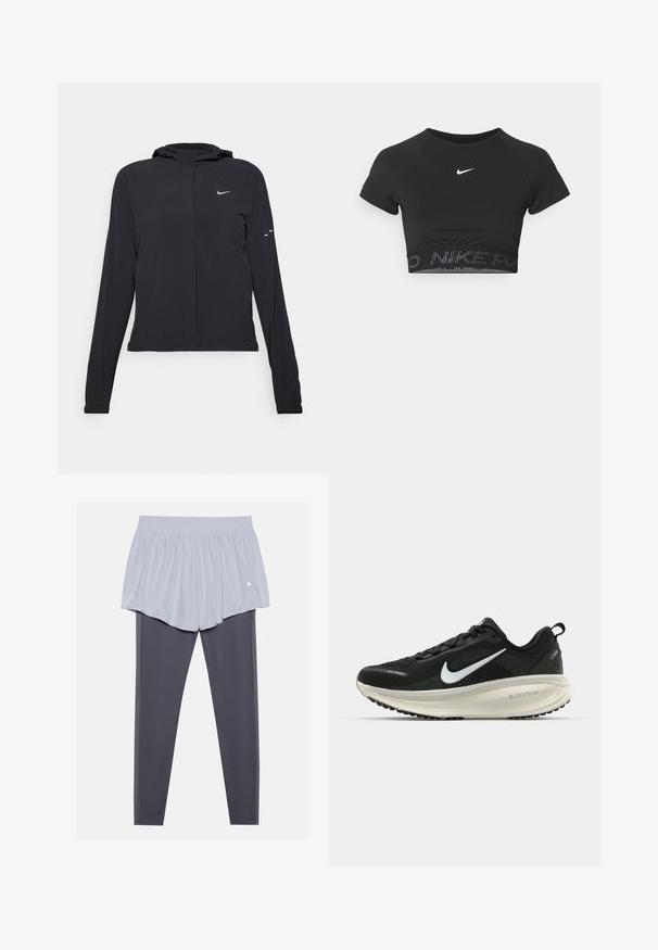 Sort hættetrøje med lange ærmer, lavet af letvægtsmateriale. Har en frontlynlås, et Nike-logo og subtile designaccenter.; Sort cropped sportstop med korte ærmer, prydet med et hvidt Nike-logo og et struktureret bånd med "NIKE" i et mønster ved kanten.; Lys grå atletiske shorts med elastisk talje, lagd over mørkegrå leggings. Begge materialer er glatte, strækbare og tætsiddende.; Sort Nike løbesko med åndbart mesh-overdel, hvidt swoosh-logo, tekstureret detaljering og en cremede ZoomX mellemsål.