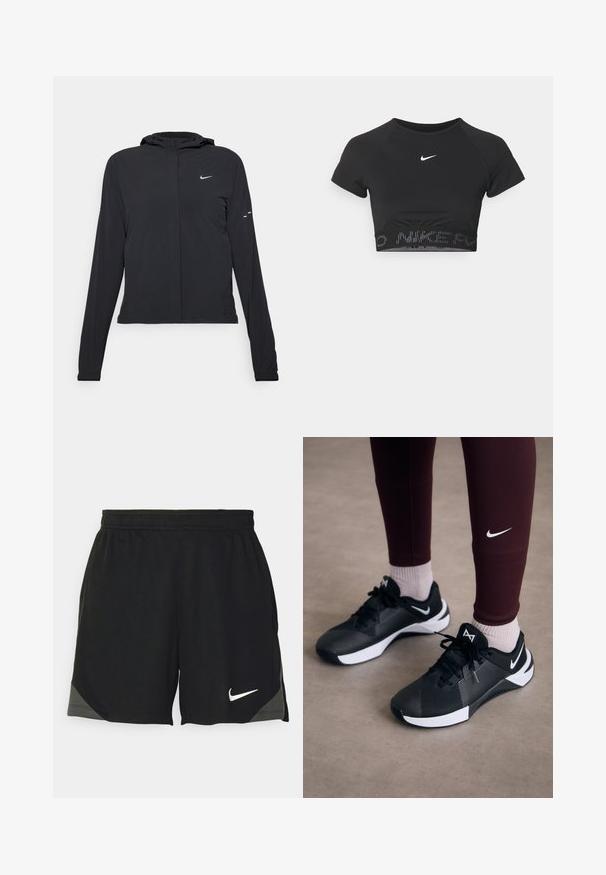 Melnā kapuci jaka ar garām piedurknēm, izgatavota no viegla materiāla. Tam ir priekšējais rāvējslēdzis, Nike logo un smalki dizaina akcenti.; Melnas sporta topiņš ar īsām piedurknēm, ar balto Nike logo un faktūru joslu ar uzrakstu "NIKE" rakstā apakšmalā.; Melni sporta šorti, izgatavoti no viegla auduma, ar teksturētu rakstu, elastīgu jostasvietu un baltu Nike logo apakšmalā.; Melni sporta apavi ar strukturētu virsmu un baltām akcentēm, ar auklām un sānu logo. Nēsāti ar bordo legingiem un gaišām zeķēm.