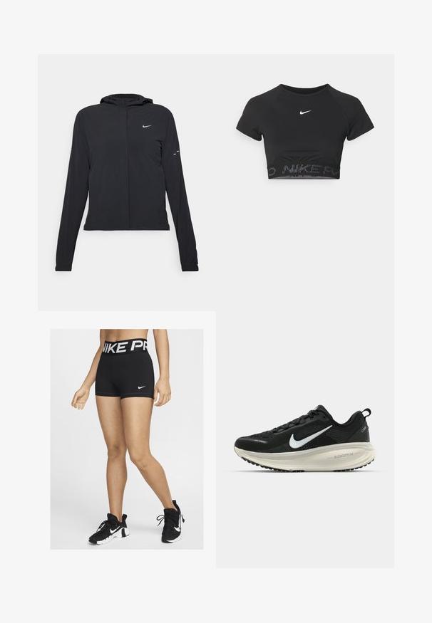 Svart huva jacka med långa ärmar, gjord av lätt material. Har en framdragare, en Nike-logotyp och subtila designelement.; Svart kortärmad sporttop med croppad passform, som har en vit Nike-logga och ett strukturerat band med "NIKE" i ett mönster vid nederkanten.; Svarta atletiska shorts med en bred midja som har "NIKE PRO" i vit text. En liten vit Nike swoosh-logotyp syns på sidan.; Svart Nike löparsko med andningsbart mesh-ovandel, vit swoosh-logotyp, texturerad detaljering och en krämfärgad ZoomX-mellansula.