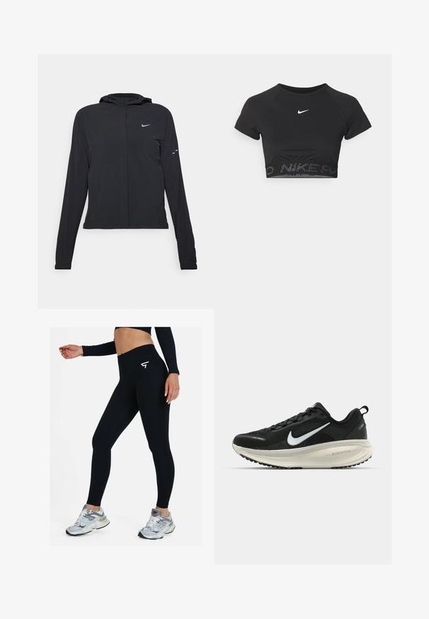 Black hooded jacket with long sleeves, made from lightweight material. Features a front zipper, a Nike logo, and subtle design accents.; Black cropped sports top with short sleeves, featuring a white Nike logo and a textured band with "NIKE" in a pattern at the hem.; Black ribbed leggings with a high waistband, featuring a white logo on the hip. Worn with gray athletic sneakers, showcasing a smooth texture.; Black Nike running shoe with breathable mesh upper, white swoosh logo, textured detailing, and a cream-colored ZoomX midsole.