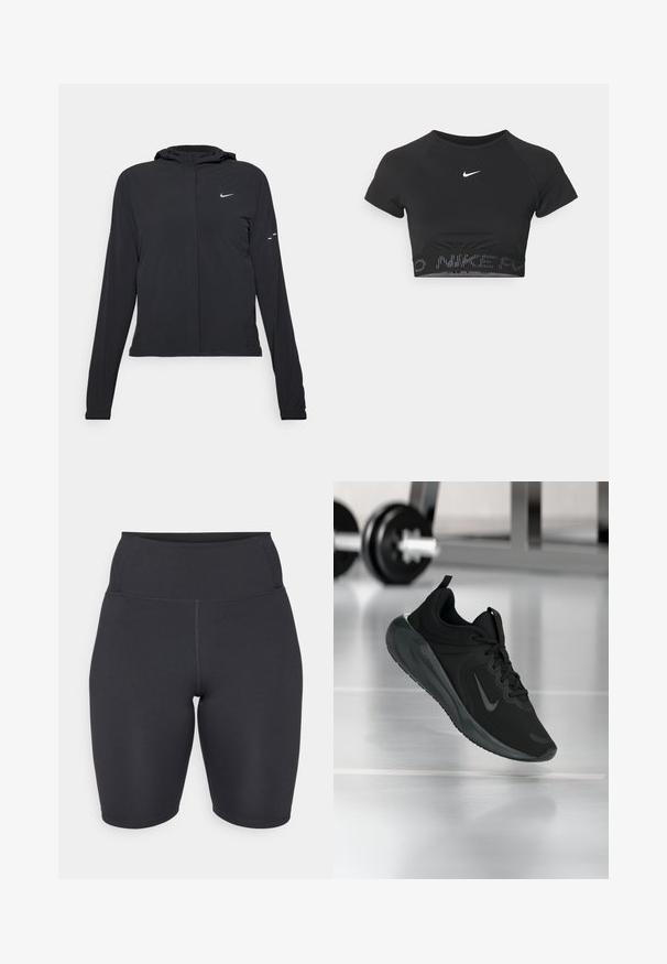 Svart huva jacka med långa ärmar, gjord av lätt material. Har en framdragare, en Nike-logotyp och subtila designelement.; Svart kortärmad sporttop med croppad passform, som har en vit Nike-logga och ett strukturerat band med "NIKE" i ett mönster vid nederkanten.; Högmidjade svarta cykelshorts gjorda av mjukt, stretchigt tyg; har flatlock-sömmar och en figursydd design för komfort och stöd.; Svarta sportskor med Nike-logotyp, visade mitt i luften på gymgolvet, med en suddig hantelställning i bakgrunden.