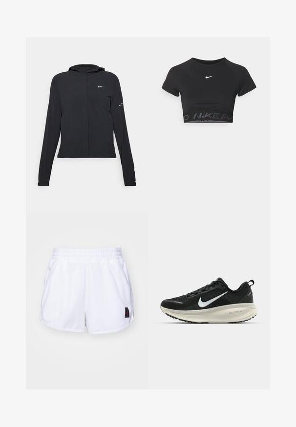 Melnā kapuci jaka ar garām piedurknēm, izgatavota no viegla materiāla. Tam ir priekšējais rāvējslēdzis, Nike logo un smalki dizaina akcenti.; Melnas sporta topiņš ar īsām piedurknēm, ar balto Nike logo un faktūru joslu ar uzrakstu "NIKE" rakstā apakšmalā.; Nike Performance HERITAGE - Sporta šorti - white; Melnas Nike skriešanas kurpes ar elpojošu acs augšdaļu, baltu Swoosh logotipu, strukturētu apdari un krēmkrāsas ZoomX starpsole.