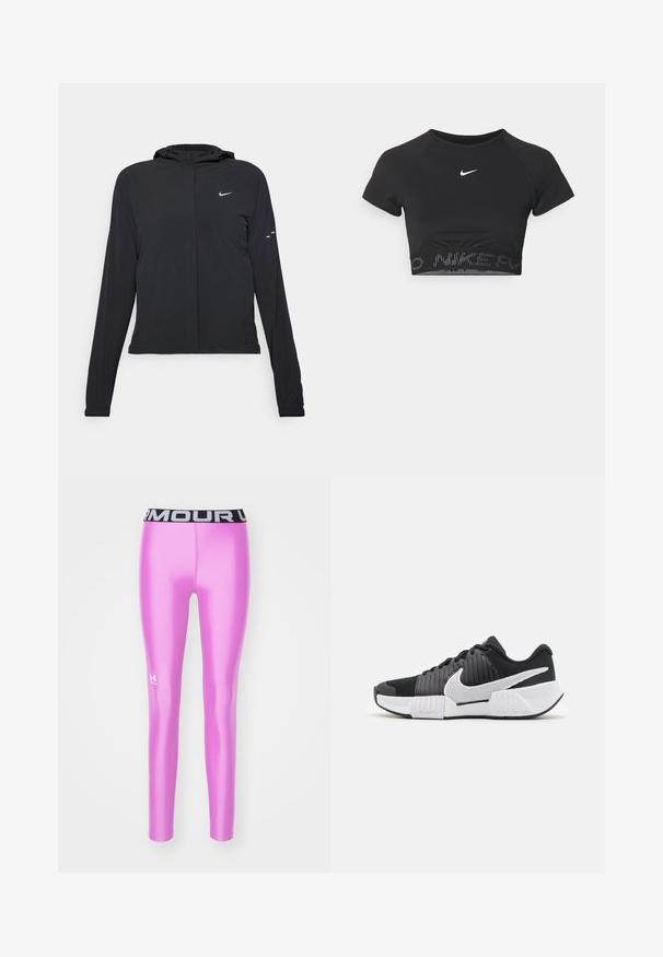 Black hooded jacket with long sleeves, made from lightweight material. Features a front zipper, a Nike logo, and subtle design accents.; Black cropped sports top with short sleeves, featuring a white Nike logo and a textured band with "NIKE" in a pattern at the hem.; Pink athletic leggings with a glossy finish, featuring a black waistband with the logo printed in white on the lower left leg.; Black and white athletic shoes with a textured upper, prominent Nike swoosh, and contrasting sole design for improved grip and stability.