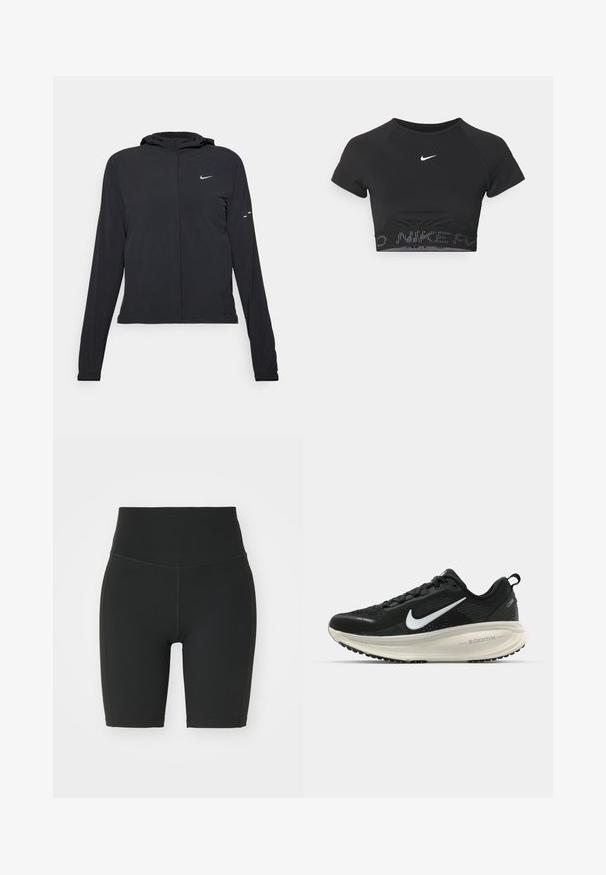 Mustassa hupparissa on pitkät hihat, ja se on valmistettu kevyestä materiaalista. Siinä on edessä vetoketju, Nike-logo ja hillityt muotoiluyksityiskohdat.; Musta lyhythihainen urheilu-toppi, jossa on valkoinen Nike-logo ja teksturoitu vyötärönauha, jossa on kuvioitu "NIKE"-teksti helman kohdalla.; Mustat korkeavyötäröiset pyöräilyshortsit, jotka on valmistettu joustavasta kankaasta. Ominaisuuksiin kuuluvat litteät saumat ja tiukka muotoilu mukavuutta ja liikkumisvapauden takaamiseksi.; Mustat Nike-juoksukengät, joissa on hengittävä verkko-osa, valkoinen swoosh-logo, teksturoitu yksityiskohtaus ja kermaisen värinen ZoomX-välipohja.