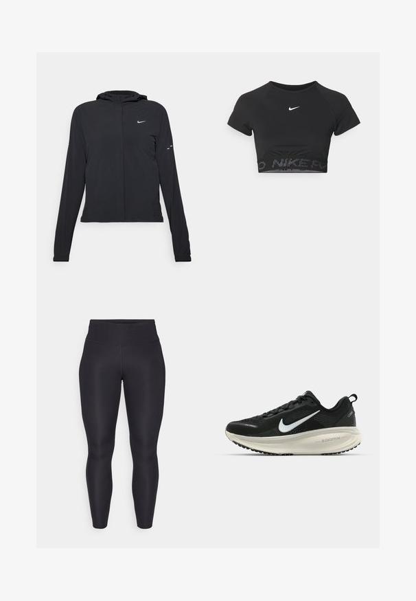 Schwarze Kapuzenjacke mit langen Ärmeln, aus leichtem Material gefertigt. Sie hat einen vorderen Reißverschluss, ein Nike-Logo und dezente Designelemente.; Schwarzes, kurzes Sportoberteil mit kurzen Ärmeln, das ein weißes Nike-Logo und einen strukturierten Bund mit dem Muster "NIKE" am Saum aufweist.; Schwarze Leggings mit hohem Bund, aus elastischem Material. Glatte Textur und enganpassendes Design ohne sichtbare Nähte oder Muster.; Schwarzer Nike-Laufschuh mit atmungsaktivem Mesh-Obermaterial, weißem Swoosh-Logo, strukturierten Details und einer cremefarbenen ZoomX-Zwischensohle.