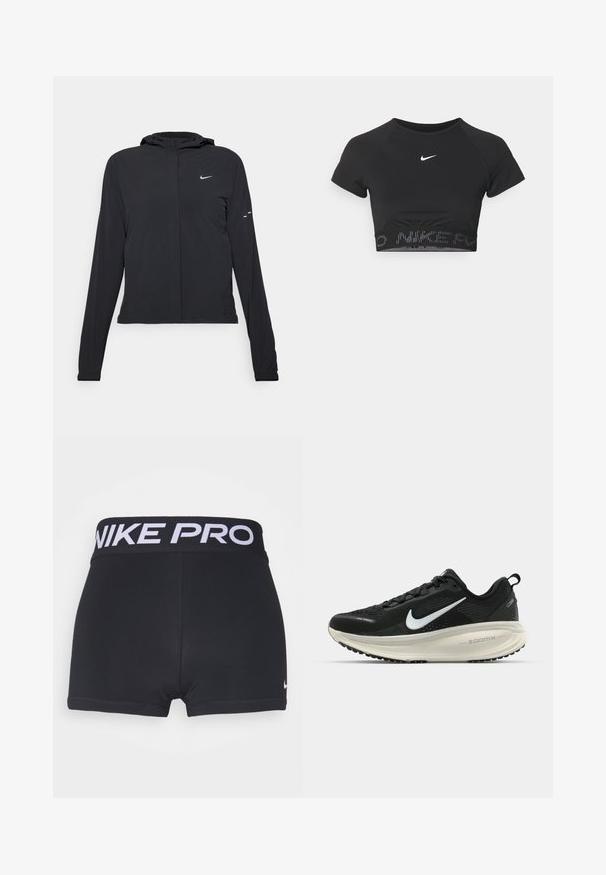 Melnā kapuci jaka ar garām piedurknēm, izgatavota no viegla materiāla. Tam ir priekšējais rāvējslēdzis, Nike logo un smalki dizaina akcenti.; Melnas sporta topiņš ar īsām piedurknēm, ar balto Nike logo un faktūru joslu ar uzrakstu "NIKE" rakstā apakšmalā.; Melni sporta šorti ar platām melnām jostām, uz kurām ir uzraksts "NIKE PRO" baltā krāsā. Redzama gluda, elastīga auduma struktūra un apdare.; Melnas Nike skriešanas kurpes ar elpojošu acs augšdaļu, baltu Swoosh logotipu, strukturētu apdari un krēmkrāsas ZoomX starpsole.
