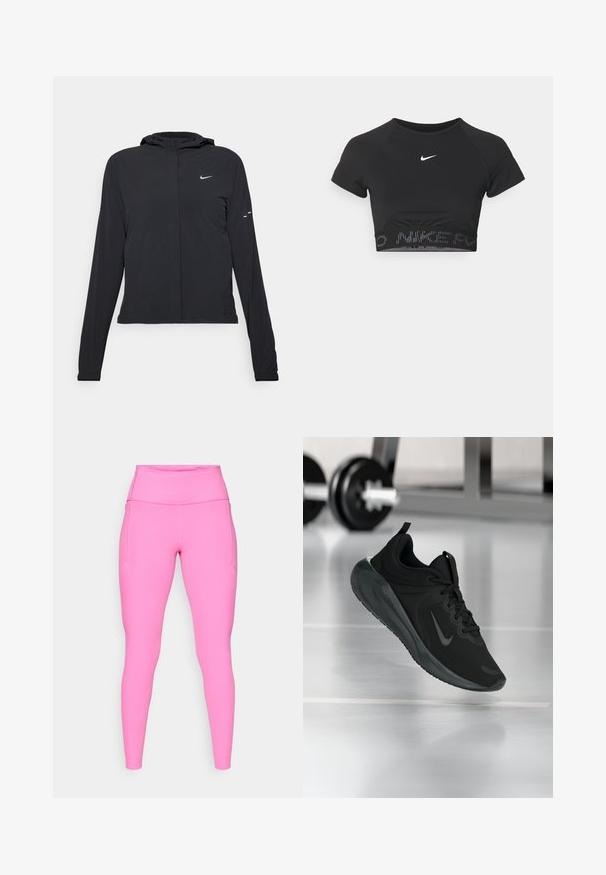 Giacca nera con cappuccio e maniche lunghe, realizzata in materiale leggero. Presenta una zip frontale, il logo Nike e accenti di design sottili.; Top sportivo corto nero con maniche corte, caratterizzato da un logo Nike bianco e da un bordo testurizzato con la scritta "NIKE" in un motivo all'orlo.; Leggings rosa realizzati in materiale elastico, con vita alta e tasche laterali, dalla finitura liscia e con dettagli di cucitura minimal.; Sneaker sportivo nero con logo Nike, mostrato in volo su un pavimento da palestra, con un supporto per pesi sfocato sullo sfondo.
