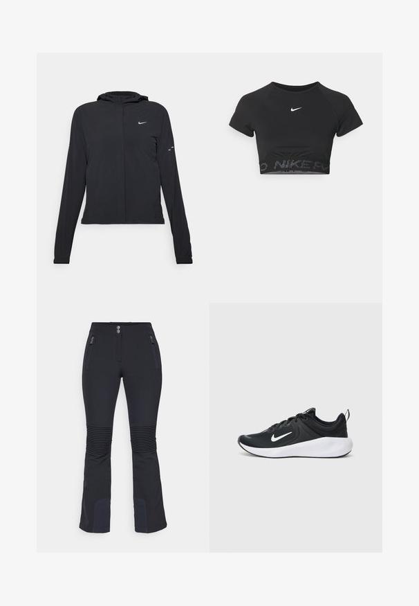 Casaco preto com capuz e mangas longas, feito de material leve. Apresenta um fecho dourado na frente, um logótipo da Nike e detalhes de design subtis.; Top desportivo curto preto com mangas curtas, apresentando um logo da Nike em branco e uma faixa texturizada com "NIKE" num padrão na bainha.; Calças de esqui pretas feitas de tecido elástico, com um design ajustado, detalhes em relevo nos joelhos e bolsos laterais com fecho. Frente lisa com dois botões.; Sapatilha atlética preta com parte superior em tecido respirável, logótipo swoosh branco, entressola branca lisa e sola preta texturizada.