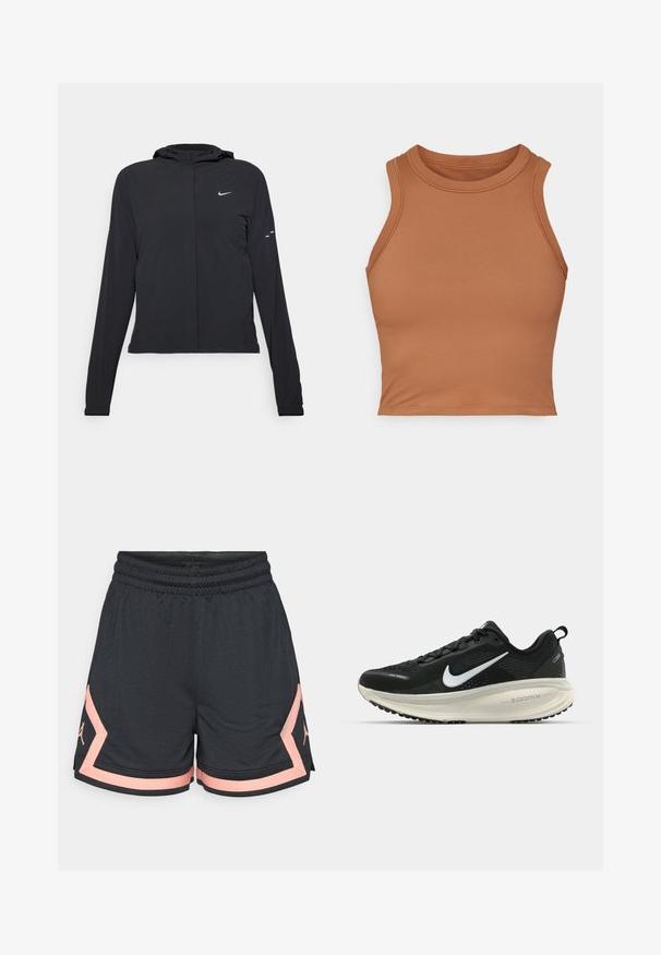 Black hooded jacket with long sleeves, made from lightweight material. Features a front zipper, a Nike logo, and subtle design accents.; Brown, sleeveless crop top made of smooth fabric. Features a high neckline and tightly hemmed edges for a fitted design.; Black athletic shorts with textured fabric, elastic waistband, and pink accents. Features a logo on the side in matching pink.; Black Nike running shoe with breathable mesh upper, white swoosh logo, textured detailing, and a cream-colored ZoomX midsole.