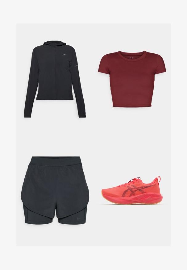 Czarna kurtka z kapturem, z długimi rękawami, wykonana z lekkiego materiału. Posiada zamek błyskawiczny z przodu, logo Nike oraz subtelne akcenty wzornicze.; Bordowy crop top z krótkim rękawem, wykonany z gładkiego materiału z okrągłym dekoltem. Minimalistyczny design, bez widocznych logo czy wzorów.; Czarne spodenki sportowe z warstwowym krojem, z gładką zewnętrzną warstwą i dopasowanymi wewnętrznymi spodniami. Wykonane z lekkiej, elastycznej tkaniny.; Jasnoróżowy but sportowy z syntetyczną cholewką, gumową podeszwą, wyściełanym kołnierzem, siateczkową teksturą oraz czarnymi akcentami logo po boku.
