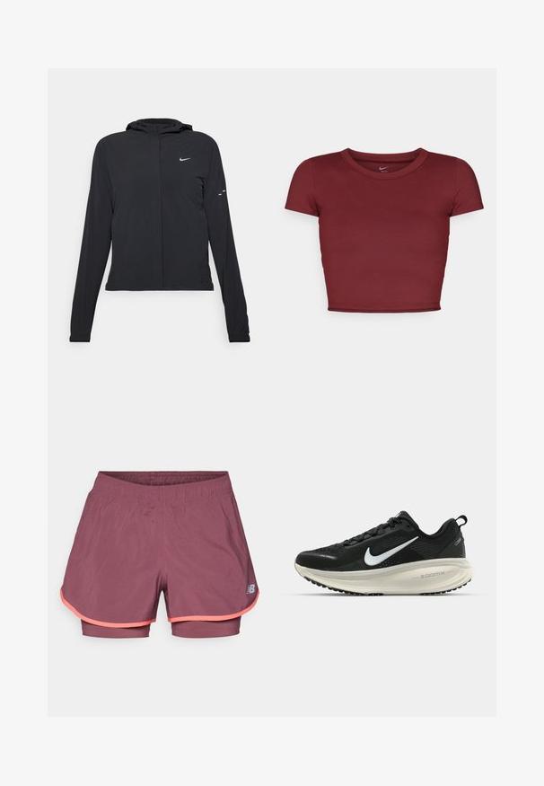 Jachetă neagră cu glugă, cu mâneci lungi, fabricată din material ușor. Dispune de un fermoar frontal, un logo Nike și accente de design subtile.; Top scurt, cu mânecă scurtă, de culoare burgundă, realizat dintr-un material neted, cu decolteu rotund. Design minimalist, fără logo-uri sau modele vizibile.; Șorturi atletice ușoare, în culoare bordeaux, cu un întăritor interior. Prezintă un contur roz contrastant și un elastic la talie pentru confort.; Pantofii de alergare negri de la Nike, cu parte superioară din plasă respirabilă, logo-ul alb Swoosh, detalii texturate și o talpă intermediară ZoomX de culoare crem.