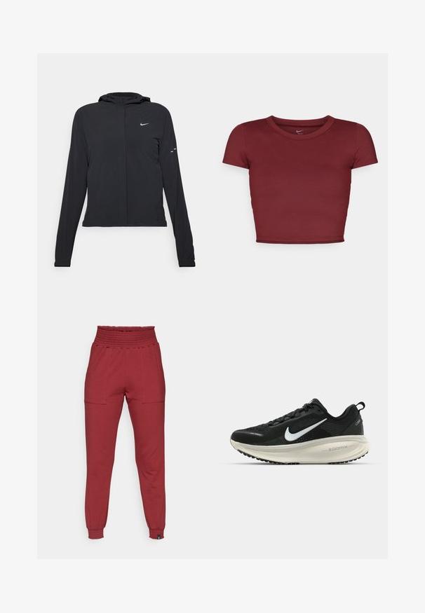 Casaco preto com capuz e mangas longas, feito de material leve. Apresenta um fecho dourado na frente, um logótipo da Nike e detalhes de design subtis.; Top cropped às mangas curtas em bordo, feito de tecido suave com decote redondo. Design minimalista, sem logótipos ou padrões visíveis.; Calças de jogger vermelhas de alta cintura com cintura elástica e punhos, com bolsos frontais e um corte slim e afunilado.; Sapatilha de corrida Nike preta com parte superior de malha respirável, logotipo Swoosh branco, detalhes texturizados e uma entressola ZoomX na cor creme.