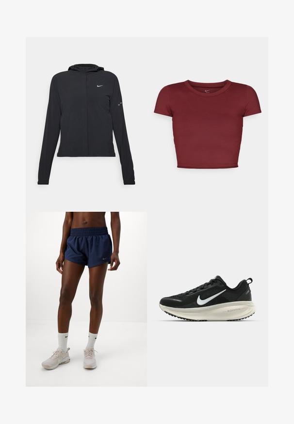 Černá kapucňová bunda s dlouhými rukávy, vyrobená z lehkého materiálu. Obsahuje přední zip, logo Nike a decentní designové akcenty.; Burgundské, krátké rukávy, crop top vyrobený z hladkého materiálu s kulatým výstřihem. Minimalistický design, žádné viditelné logo nebo vzory.; Žena oblečená v námořnických šortkách na sport, bílých ponožkách Nike a světle růžových teniskách Nike stojí na jednobarevném bílém pozadí.; Černá běžecká obuv Nike s prodyšným síťovaným svrškem, bílým logem swoosh, texturovanými detaily a krémovou mezipodešví ZoomX.
