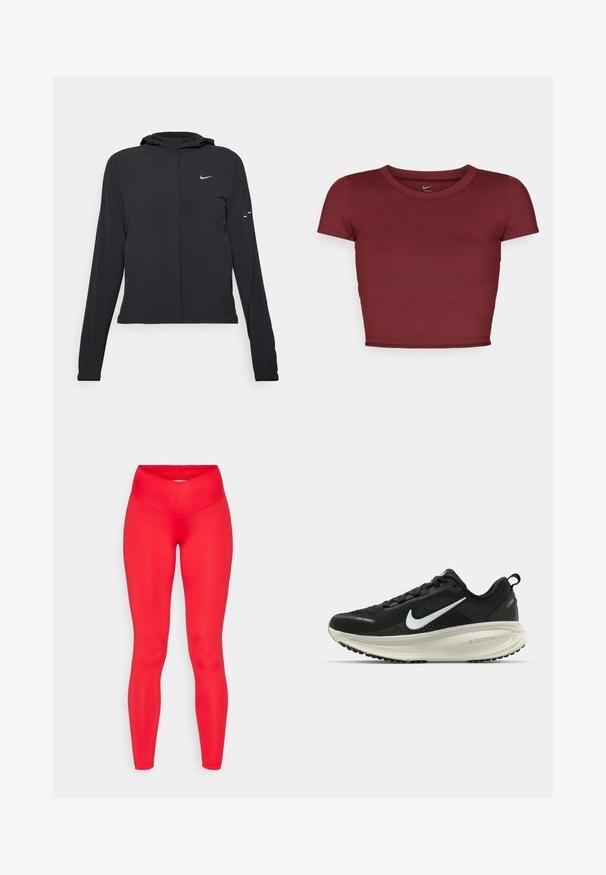 Must musta kapuutsiga jakk, millel on pikad varrukad ja mis on valmistatud kergetest materjalidest. Omab esitaskut, Nike logo ja kergelt silmatorkavaid disainiaktsente.; Burgundi, lühikeste varrukatega lühike topp, mis on valmistatud siledast kangast ja millel on ümar kaelus. Minimalistlik disain, pole nähtavaid logosid ega mustreid.; Punased retuusid, mis on valmistatud venivast kangast, kõrge vöökohaga ning sileda, läikiva tekstuuri ja keha järgiva silueti disainiga.; Musthave mustus Nike jooksujalats, millel on hingav võrgust ülemine osa, valge swoosh logo, tekstuuriga detailid ja kreemja värvusega ZoomX vahevöö.