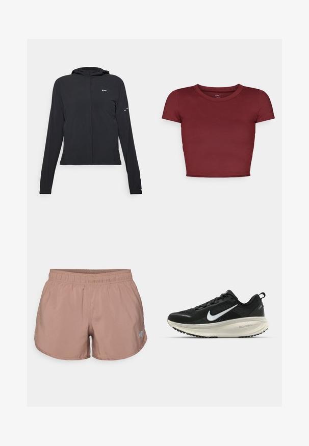 Črna kapuča s dolgimi rokavi, izdelana iz lahkega materiala. Ima sprednji zadrgo, logotip Nike in subtilne oblikovne detajle.; Burgundska kratka majica s kratkimi rokavi iz gladkega materiala s krožnim izrezom. Minimalističen dizajn, brez vidnih logotipov ali vzorcev.; Svetlo rjave atletske kratke hlače z elastičnim pasom in majhnim odbojnim logotipom na strani. Narejene so iz gladkega, lahkotnega materiala.; Črne Nike tekaške čevlje z zračno mrežno zgornjim delom, belim logotipom Swoosh, teksturiranimi detajli in smetanasto barvnim srednjim delom ZoomX.
