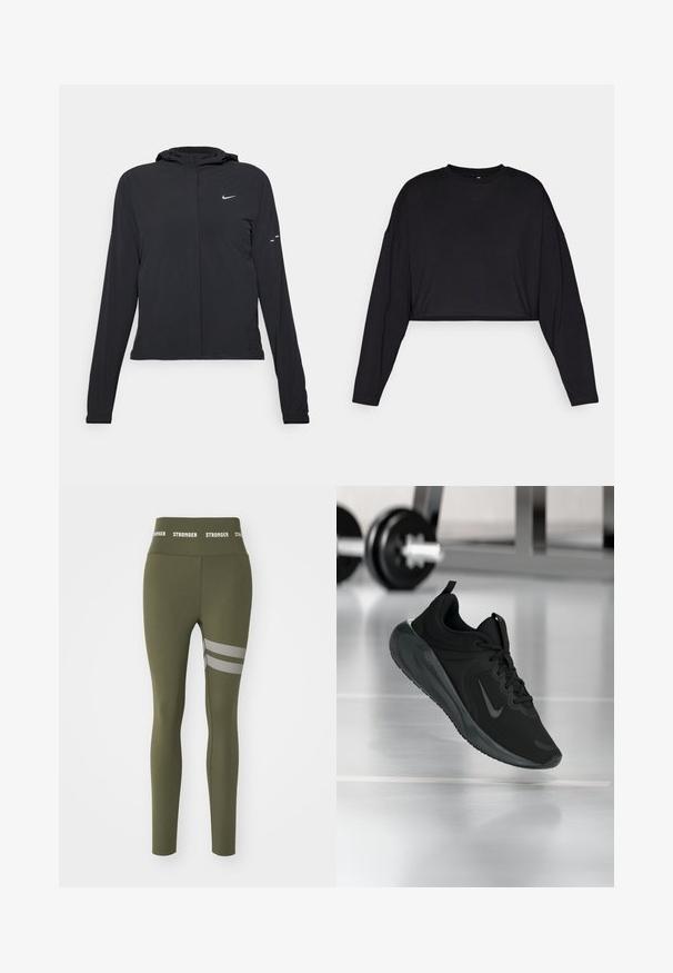 Jachetă neagră cu glugă, cu mâneci lungi, fabricată din material ușor. Dispune de un fermoar frontal, un logo Nike și accente de design subtile.; Top scurt din bumbac negru, cu mâneci lungi, decolteu rotund și textură moale. Prezintă un design minimalistic, fără modele sau accente vizibile.; Leggings de culoare verde măsliniu, realizate dintr-un material elastic, cu un tiv înalt pe talie, având inscripția "STRONGER" și trei dungi orizontale din plasă pe coapsă.; Tenisii sport negru cu logo-ul Nike, arătați în aer deasupra podelei de sală de sport, cu un suport pentru haltere neclar în fundal.