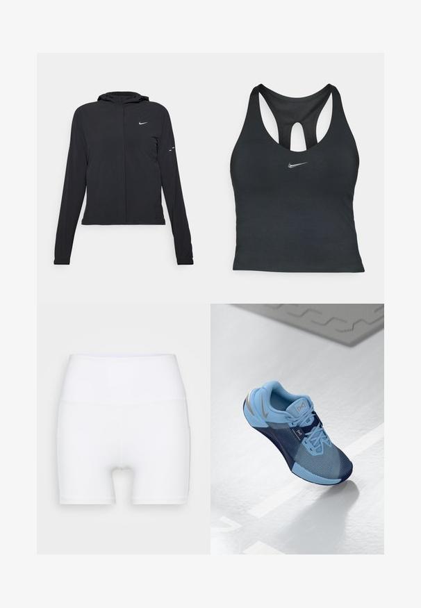 Chaqueta negra con capucha y mangas largas, hecha de un material ligero. Presenta un cierre frontal, un logo de Nike y acentos de diseño sutiles.; Top atlético negro sin mangas con un diseño de espalda nadadora, que presenta un panel de malla y un pequeño logo de Nike en plata en el frente.; Shorts blancos de talle alto confeccionados en tejido elástico. Presentan una textura suave y un diseño ajustado, sin patrones ni herrajes adicionales.; Zapatilla deportiva azul claro con acentos en navy, parte superior de malla texturizada, puntera reforzada, cordones planos y un logo plateado en el costado.