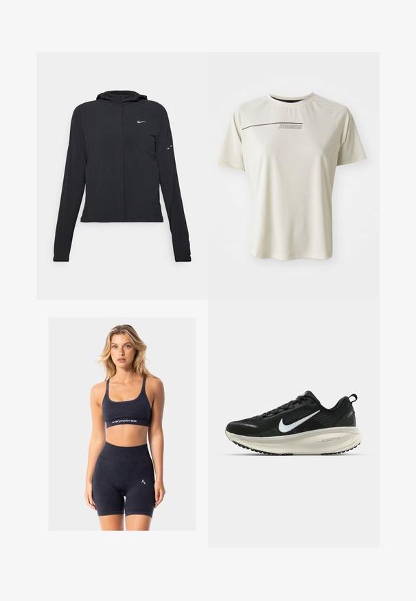 Juodas gobtuvas striukė su ilgomis rankovėmis, pagaminta iš lengvo audinio. Pasižymi priekiniais užtrauktukais, Nike logotipu ir subtiliais dizaino akcentais.; Šviesiai smėlio spalvos trumpų rankovių marškinėliai su grublėta tekstūra. Turi sportinį dizainą ir tamsiai rudos spalvos "HUMMEL" logotipą per krūtinę.; Juoda sportinė trumpa viršūnė su reguliuojamomis petnešėlėmis ir logotipo juosta. Suderinta su aukštu liemeniu šortais, turinčiais nedidelį logotipo akcentą.; Juodas Nike sportinis batelis su kvėpuojančiu tinklu, baltu swoosh logotipu, tekstūruoto dizaino detalėmis ir grietinėlės spalvos ZoomX viduriu.