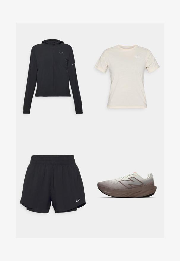 Melnā kapuci jaka ar garām piedurknēm, izgatavota no viegla materiāla. Tam ir priekšējais rāvējslēdzis, Nike logo un smalki dizaina akcenti.; Gai bežs īsām piedurknēm T-krekls ar apaļu izgriezumu un viegli pamanāmu trīsstūrveida balto logotipu uz krūtīm. Mīksta auduma ar gludu tekstūru.; Melni sporta šorti ar savelkamu elastīgu jostasvietu, iekšējo oderi un baltu Nike logotipu kreisajā apakšējā stūrī. Gluda, viegla auduma.; Skriešanas apavi ar pakāpeniski pelēko un brūno augšdaļu, biezs brūns zole ar uzrakstu "Fresh Foam" un New Balance logo sānos.