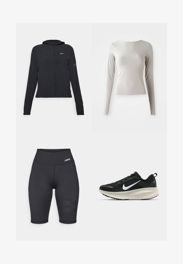 Fekete kapucnis dzseki hosszú ujjakkal, könnyű anyagból készült. Elülső cipzárral, Nike logóval és diszkrét dizájn elemekkel rendelkezik.; Világosszürke, hosszú ujjú felső, sima, csúszós anyagból készült, kerek nyakkivágással és testhez simuló fazonnal. Az alja enyhén ki van bővülve.; Fekete, magas derékú sportshort, sima textúrával, elasztikus derékpánttal és csíkozott díszítéssel az oldalán. Logó a derékpánton.; Fekete Nike futócipő légáteresztő hálós felsőrésszel, fehér Swoosh logóval, textúrázott részletekkel és krém színű ZoomX középtalppal.