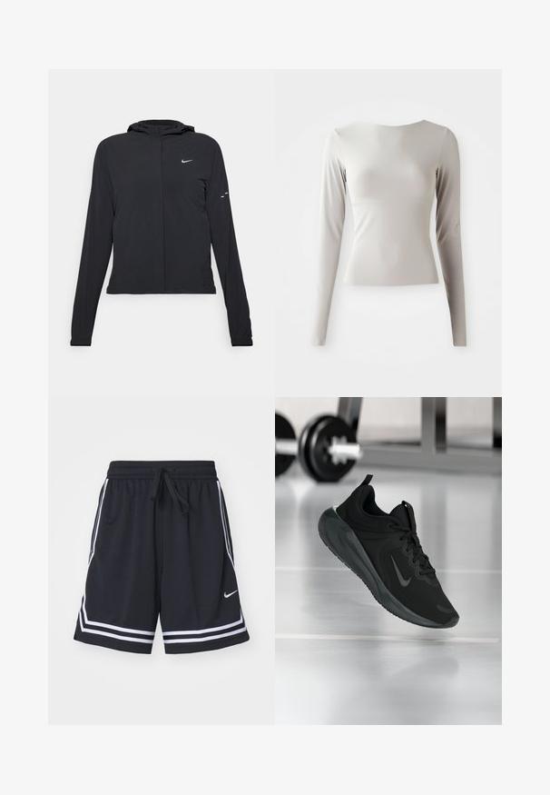 Casaco preto com capuz e mangas longas, feito de material leve. Apresenta um fecho dourado na frente, um logótipo da Nike e detalhes de design subtis.; Camisola de manga longa em cinza claro, feita de um tecido liso e suave, com decote redondo e uma silhueta ajustada. A bainha é ligeiramente alargada na parte inferior.; Calções atléticos pretos com um tecido texturizado, apresentando riscas brancas laterais e uma cintura com cordão. Logotipo da Nike exibido na parte da frente.; Sapatilha desportiva preta com o logotipo da Nike, mostrada em pleno ar sobre o chão do ginásio, com um suporte de halteres desfocado ao fundo.