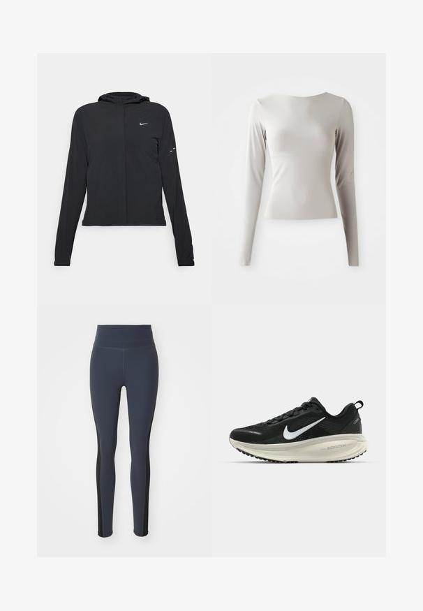 Svart huva jacka med långa ärmar, gjord av lätt material. Har en framdragare, en Nike-logotyp och subtila designelement.; Ljusgrå långärmad topp i slätt, mjukt tyg med rund halsringning och figurnära silhuett. Slutningen är något utflädd i botten.; Marinblå tights i stretchmaterial med svarta sidopaneler och hög midja. Slät textur med en figurnära design.; Svart Nike löparsko med andningsbart mesh-ovandel, vit swoosh-logotyp, texturerad detaljering och en krämfärgad ZoomX-mellansula.