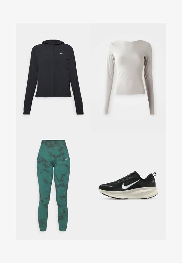 Casaco preto com capuz e mangas longas, feito de material leve. Apresenta um fecho dourado na frente, um logótipo da Nike e detalhes de design subtis.; Camisola de manga longa em cinza claro, feita de um tecido liso e suave, com decote redondo e uma silhueta ajustada. A bainha é ligeiramente alargada na parte inferior.; Leggings de cintura alta em verde-água escuro com um padrão marmoreado em preto. O tecido apresenta uma textura suave e uma cintura elástica para conforto.; Sapatilha de corrida Nike preta com parte superior de malha respirável, logotipo Swoosh branco, detalhes texturizados e uma entressola ZoomX na cor creme.